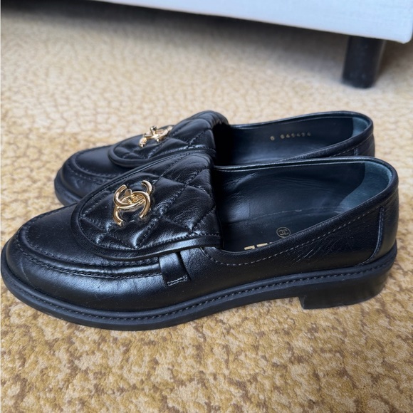 CHANEL Black Loafers with Gold Logo - Picture 3 of 10